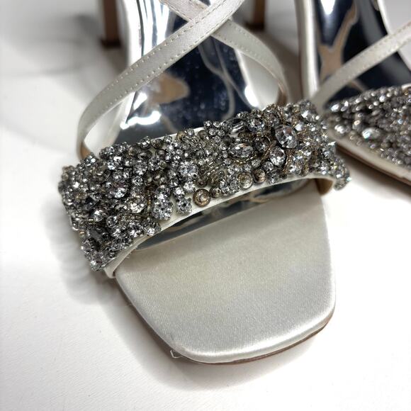 Badgley Mischka Rider White Satin Stiletto Heeled Sandal Beaded, Rhinestone 11 - Picture 9 of 10